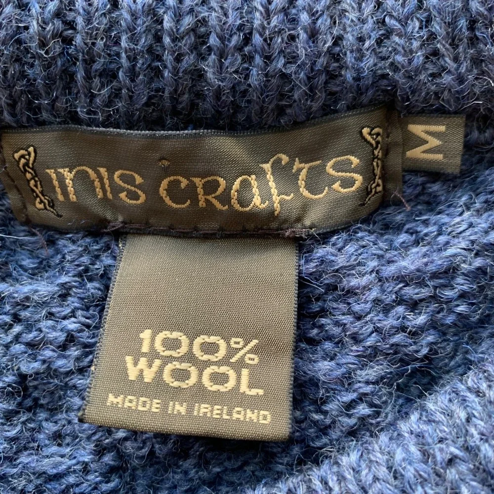 Inis Crafts Sweater Size M Blue Wool Cable Knit Aran Fisherman Made in Ireland